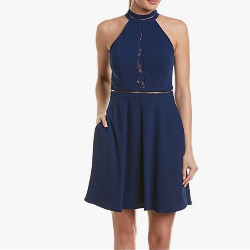 Aidan by Aidan Mattox Crepe and Lace Mini Dress w/ Pockets